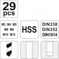 Sriegiklių ir grąžtų rinkinys | HSS | М3-М12 | 29 vnt. (YT-2977)