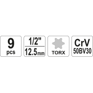 Galvučių rinkinys E-tipas | 12,5 mm (1/2") | E10 - E24 | 9 vnt. (YT-0521)