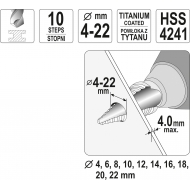 Grąžtas skylės (pa)platinimui pakopinis | 4-22 mm (YT-44741)