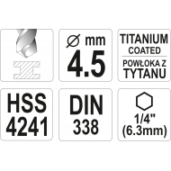 Grąžtas metalui su Hex 6.3 mm (1/4") galu HSS-TiN | 4.5 mm (YT-44759)