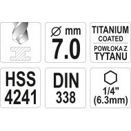 Grąžtas metalui su Hex 6.3 mm (1/4") galu HSS-TiN | 7.0 mm (YT-44766)