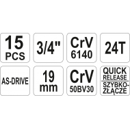 Galvučių komplektas 6 kampų | 30-60 mm | metalinė dėžė | 20 mm (3/4") | 15 vnt. (YT-1334)