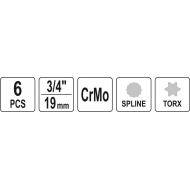 Smūginių antgalių rinkinys | 20 mm (3/4") | T-Star (Torx) T70 - T100 | spline M16-M18 | 6 vnt. (YT-10653)