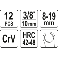 Šarnyrinių atvirų žiedinių veržliarakčių rinkinys | 10 mm (3/8") | 8 - 19 mm | 12 vnt. (YT-38550)