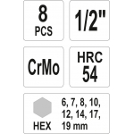 Smūginiai antgaliai | 12,5 mm (1/2") | šešiakampis HEX 5 - 19 mm | 8 vnt. (YT-1066)